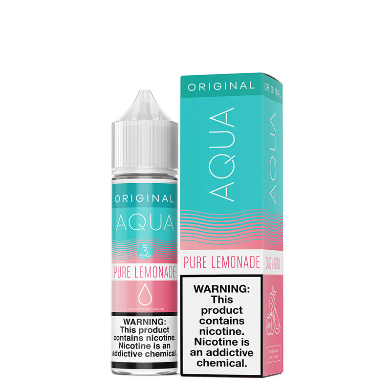 A 60ml bottle of Pure Lemonade AQUA eLiquid with a warning sign and a box next to it - Vaper Corner