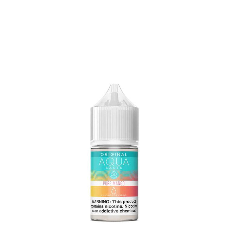 A 30ml bottle of Pure Mango AQUA Synthetic Salts with a warning sign - Vaper Corner