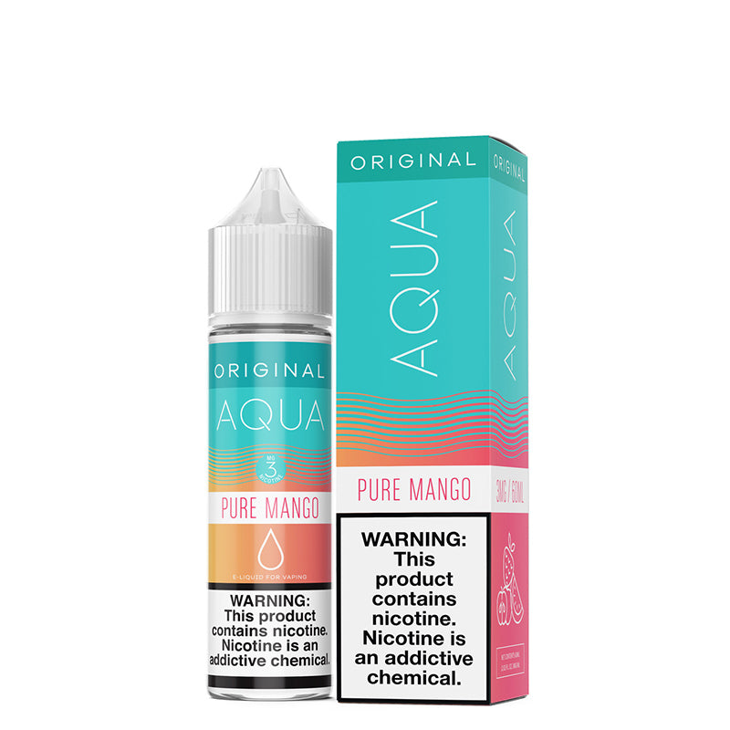 A 60ml bottle of Pure Mango AQUA eLiquid with a warning sign and a box next to it - Vaper Corner