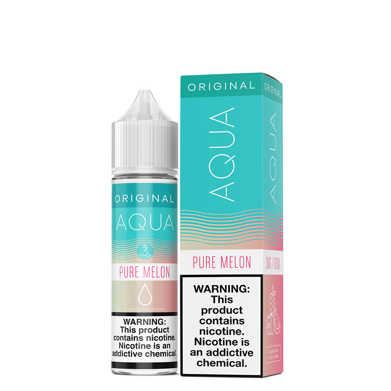 A 60ml bottle of Pure Melon AQUA eLiquid with a warning sign and a box next to it - Vaper Corner