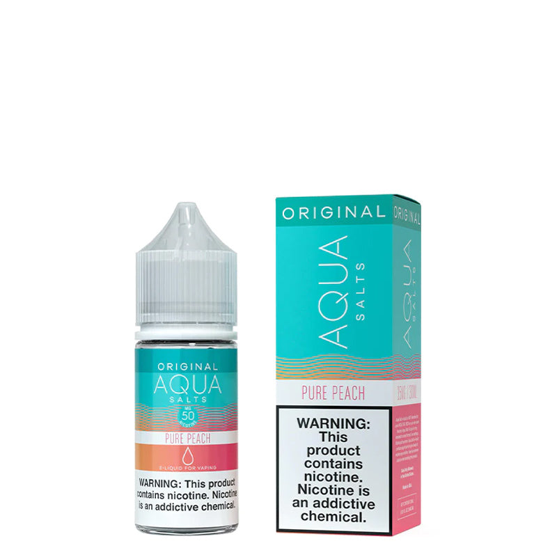 A 30ml bottle of Pure Peach AQUA Synthetic Salts  with a warning sign and a box next to it - Vaper Corner