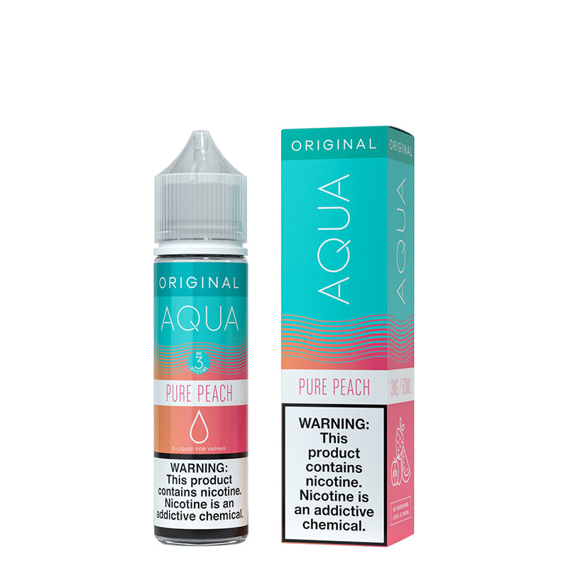 A 60ml bottle of Pure Peach AQUA eLiquid with a warning sign and a box next to it - Vaper Corner