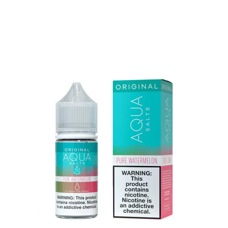 A 30ml bottle of Pure Watermelon AQUA Synthetic Salts with a warning sign and a box next to it - Vaper Corner