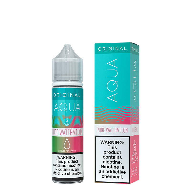 A 60ml bottle of Pure Watermelon AQUA eLiquid with a warning sign and a box next to it - Vaper Corner