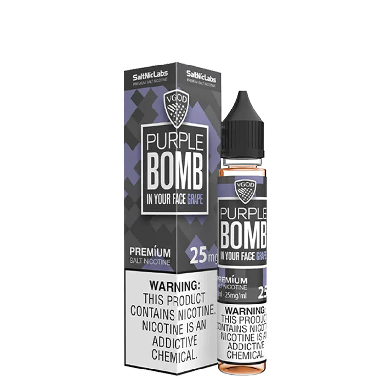 A box of Purple Bomb VGOD SaltNic with a warning sign and a 30ml bottle next to it - Vaper Corner