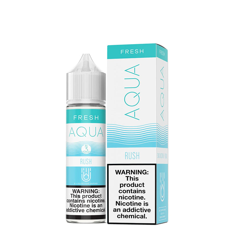 A 60ml bottle of RUSH AQUA Fresh eLiquid with a warning sign and a box next to it - Vaper Corner