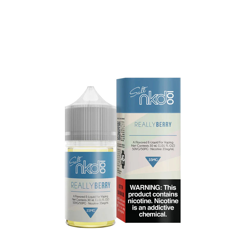 A 30ml bottle of Really Berry Naked 100 Salt eLiquid and a box with a warning sign next to it - Vaper Corner