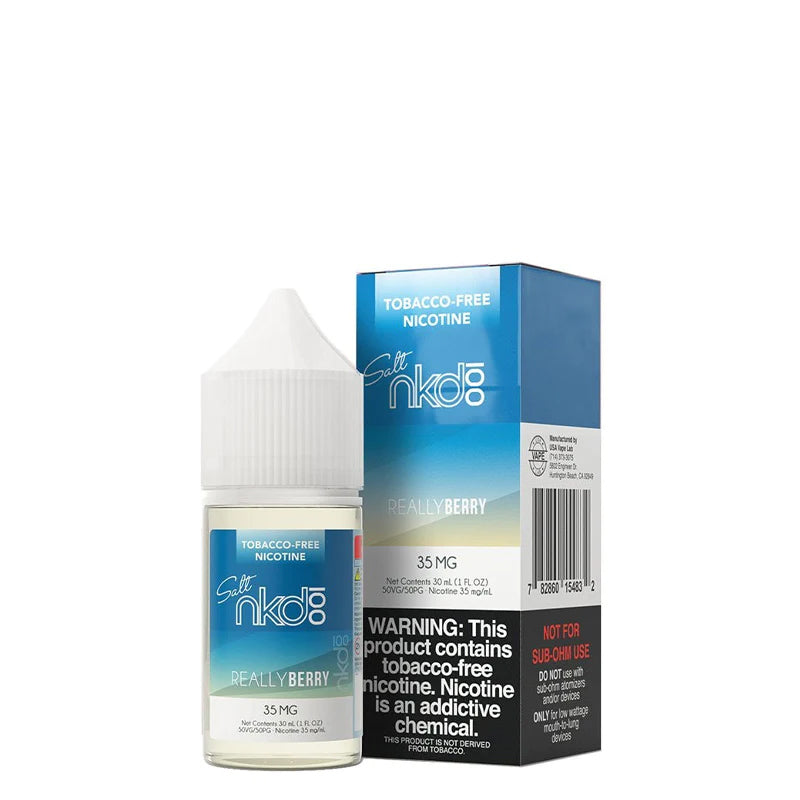 A 30ml bottle of Really Berry Naked Synthetic Salt and a box with a warning sign next to it  - Vaper Corner