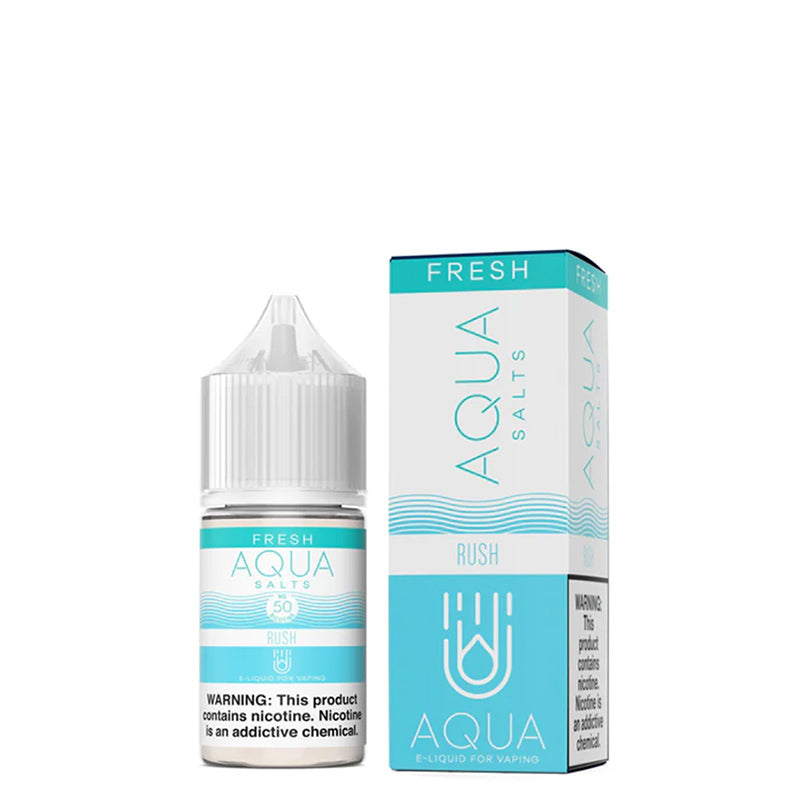 A 30ml bottle of RUSH AQUA Synthetic Salts with a warning sign and a box next to it - Vaper Corner