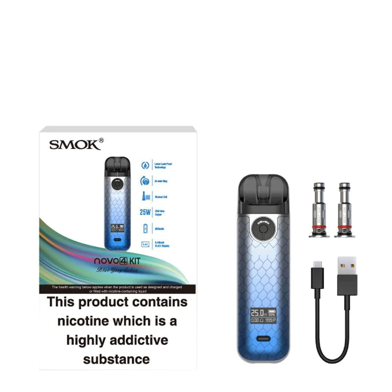 A SMOK Novo 4 Kit Blue Grey Cobra with the box, two coils and USB cable next to it - Vaper Corner