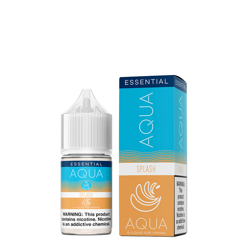 A 30ml bottle of SPLASH AQUA Synthetic Salts with a warning sign and a box next to it - Vaper Corner