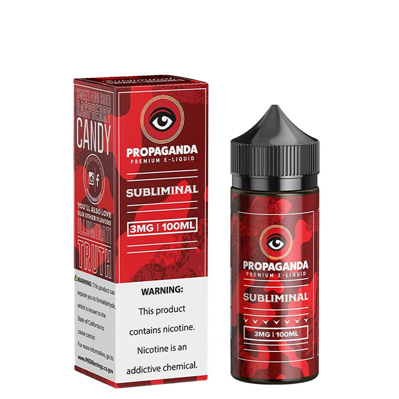 A box of SUBLIMINAL Propaganda eLiquid with a warning sign and a 100ml bottle next to it - Vaper Corner