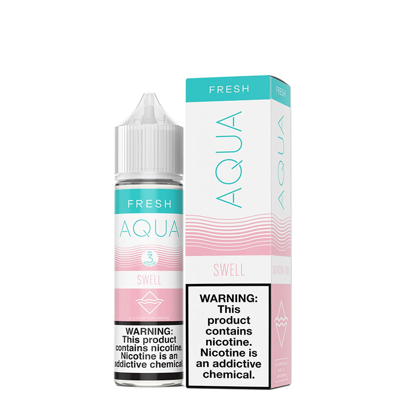 A 60ml bottle of SWELL AQUA Fresh eLiquid with a warning sign and a box next to it - Vaper Corner