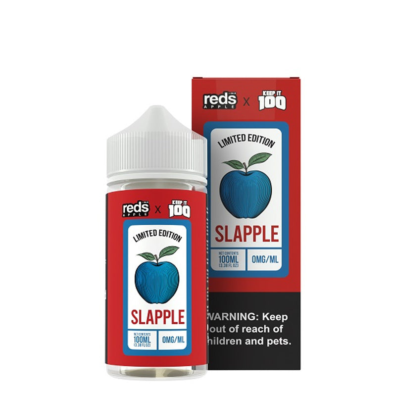 A 100ml bottle of Slapple 7 Daze Reds X Keep It 100 eLiquid and a box with a warning sign next to it - Vaper Corner