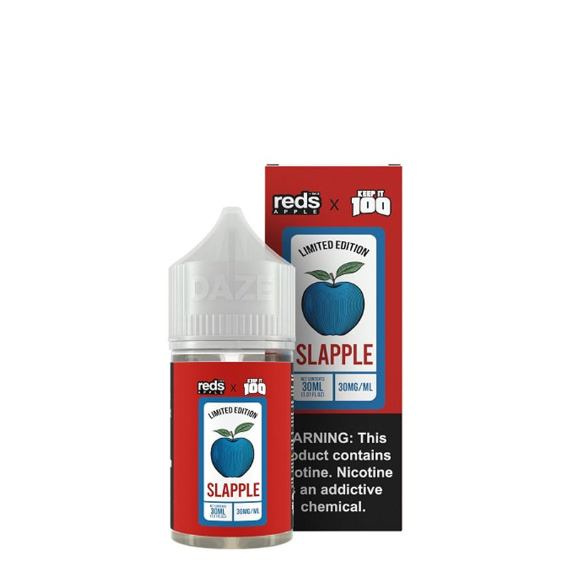 A bottle of Slapple 7 Daze Reds x Keep It 100 Salt 30ml and a box with a warning sign next to it - Vaper Corner