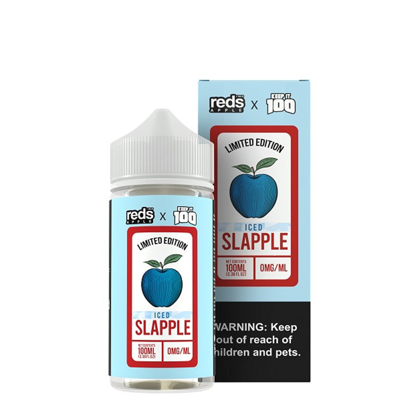 A 100ml bottle of Slapple Iced 7 Daze Reds X Keep It 100 eLiquid and a box with a warning sign next to it - Vaper Corner