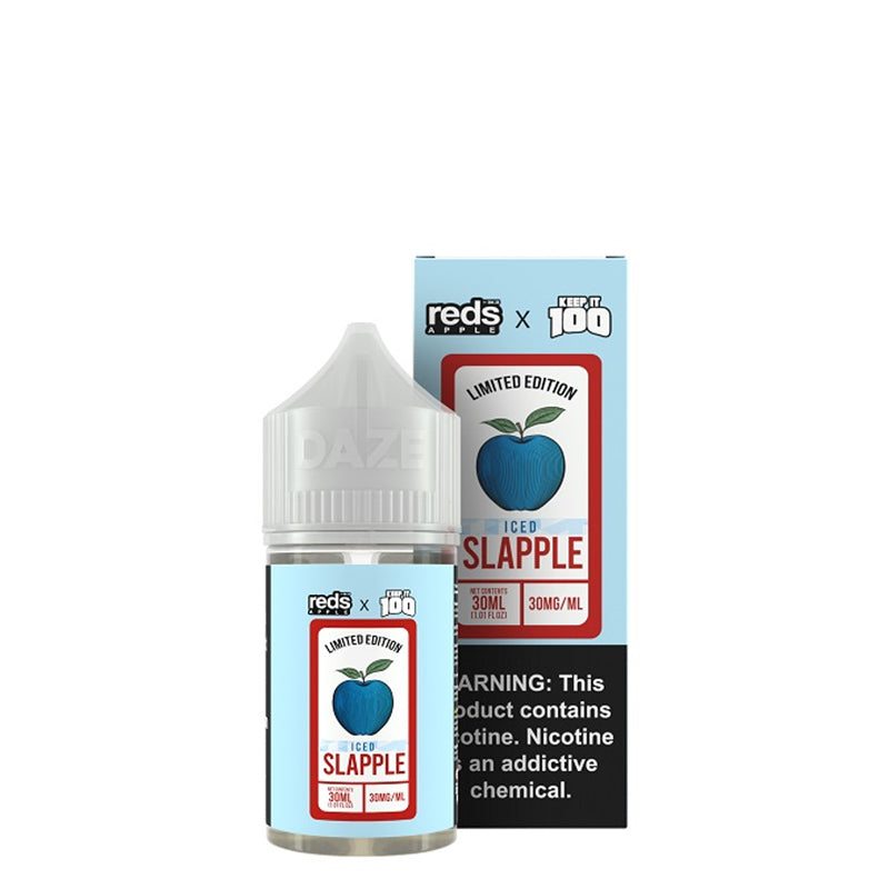 A bottle of Slapple Iced 7 Daze Reds x Keep It 100 Salt 30ml and a box with a warning sign next to it - Vaper Corner