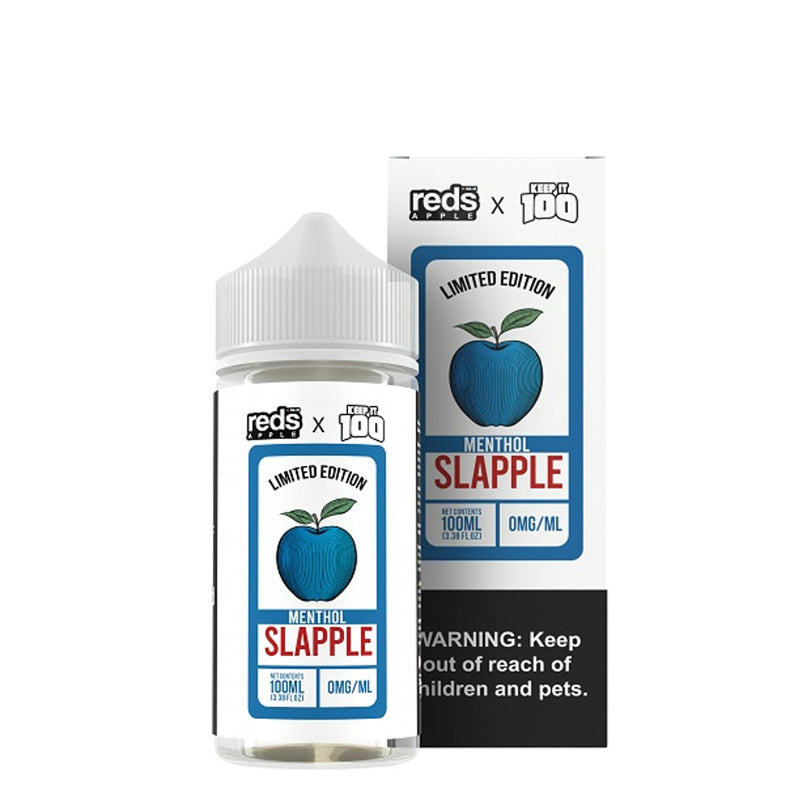 A 100ml bottle of Slapple Menthol 7 Daze Reds X Keep It 100 eLiquid and a box with a warning sign next to it - Vaper Corner