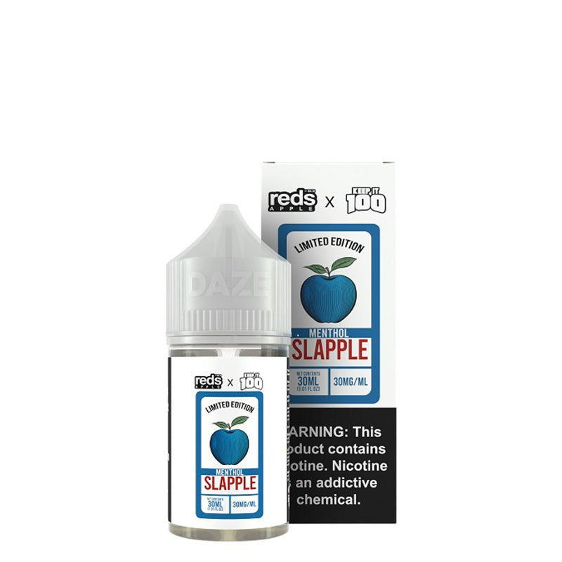 A bottle of Slapple Menthol 7 Daze Reds x Keep It 100 Salt 30ml and a box with a warning sign next to it - Vaper Corner