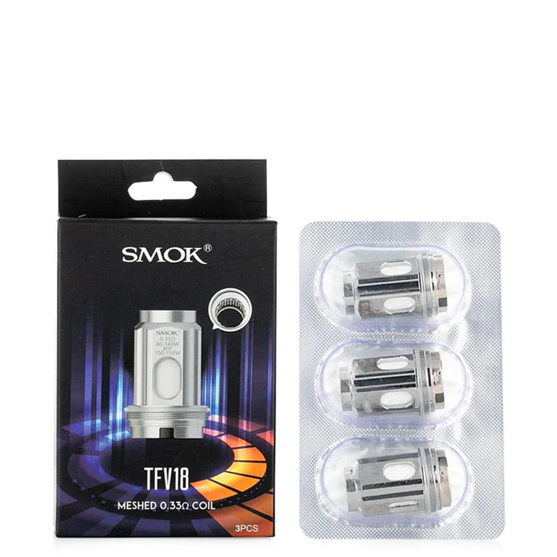 A box of SMOK TFV18 Replacement Coils and a pack of three coils next to it - Vaper Corner