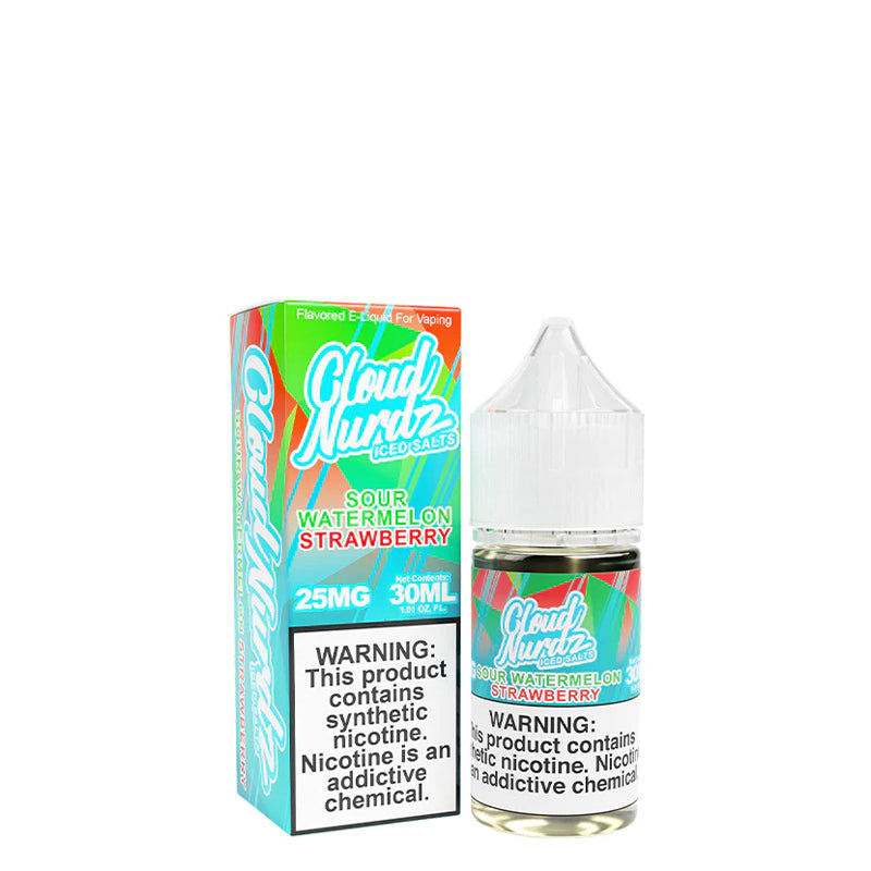 A box of Sour Watermelon Strawberry ICED TFN Salts Cloud Nurdz with a warning sign and a 30ml bottle next to it - Vaper Corner