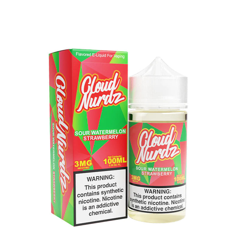 A box of Sour Watermelon Strawberry TFN Cloud Nurdz with a warning sign and a 100ml bottle next to it - Vaper Corner