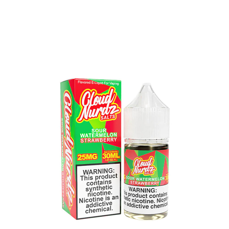 A box of Sour Watermelon Strawberry TFN Salts Cloud Nurdz with a warning sign and a 30ml bottle next to it - Vaper Corner