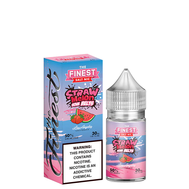 A box of Straw Melon Sour Finest SaltNic Series with a warning sign and a 30ml bottle next to it - Vaper Corner