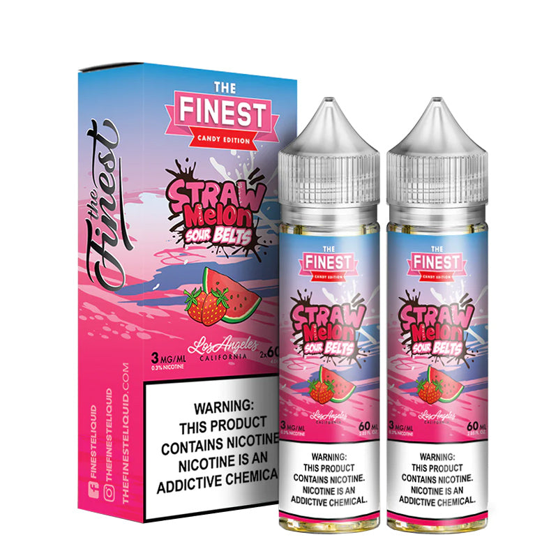 A box of Straw Melon Sour Belts  Finest Sweet & Sour eLiquid with a warning sign and two 60ml bottles next to it - Vaper Corner