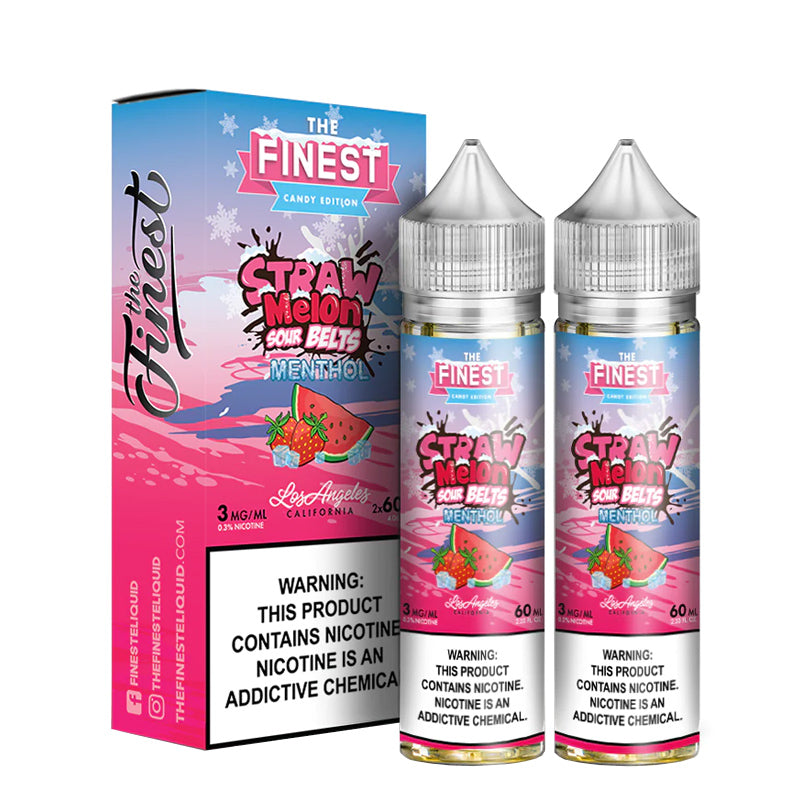 A box of Straw Melon Sour On ICE Finest Sweet & Sour with a warning sign and two 60ml bottles next to it - Vaper Corner