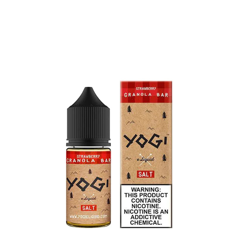 A 30ml bottle of Strawberry Granola Bar YOGI Salts and a box with a warning sign next to it - Vaper Corner