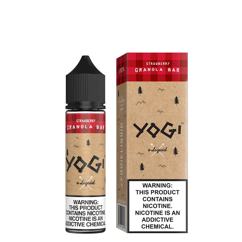 A 60ml bottle of Strawberry Granola Bar YOGI eLiquid and a box with a warning sign next to it - Vaper Corner