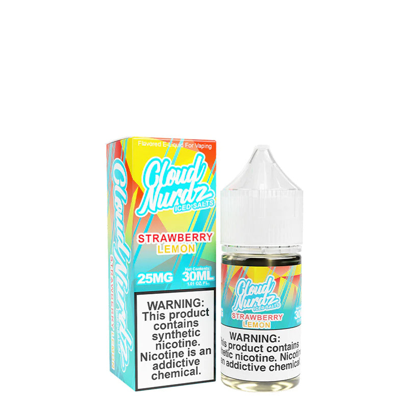 A box of Strawberry Lemon ICED TFN Salts Cloud Nurdz with a warning sign and a 30ml bottle next to it - Vaper Corner