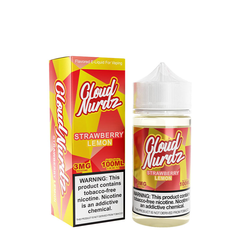 A box of Strawberry Lemon TFN Cloud Nurdz with a warning sign and a 100ml bottle next to it - Vaper Corner