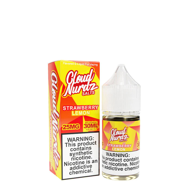 A box of Strawberry Lemon TFN Salts Cloud Nurdz with a warning sign and a 30ml bottle next to it - Vaper Corner