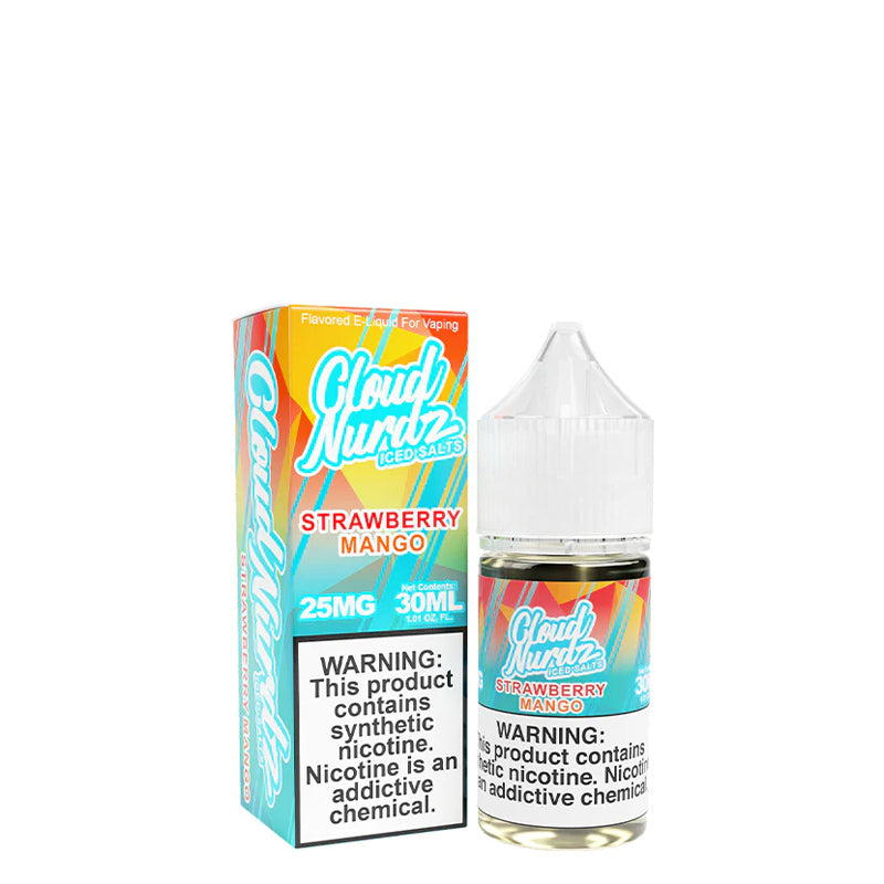 A box of Strawberry Mango ICED TFN Salts Cloud Nurdz with a warning sign and a 30ml bottle next to it - Vaper Corner