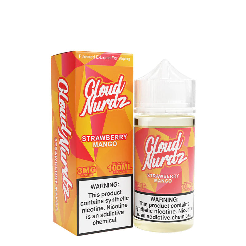 A box of Strawberry Mango TFN Salts Cloud Nurdz with a warning sign and a 100ml bottle next to it - Vaper Corner