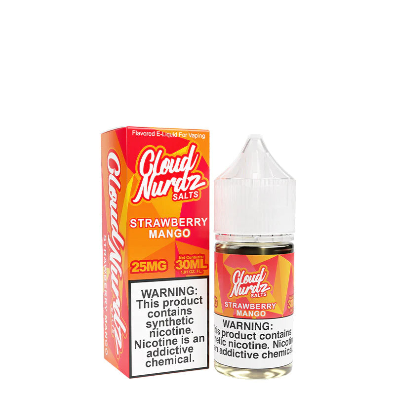 A box of Strawberry Mango TFN Cloud Nurdz with a warning sign and a 30ml bottle next to it - Vaper Corner