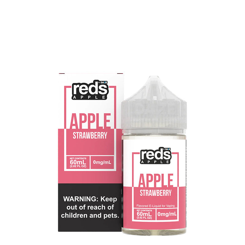 A box of Strawberry Reds Apple eJuice with a warning sign and a 60ml bottle next to it - Vaper Corner