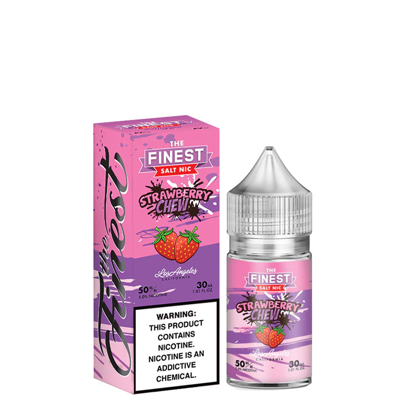 A box of Strawberry Chew Finest SaltNic Series with a warning sign and a 30ml bottle next to it - Vaper Corner