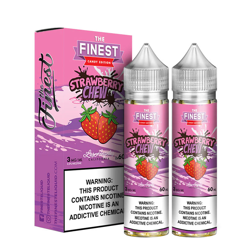 A box of Strawberry Chew Finest Sweet & Sour with a warning sign and two 60ml bottles next to it - Vaper Corner