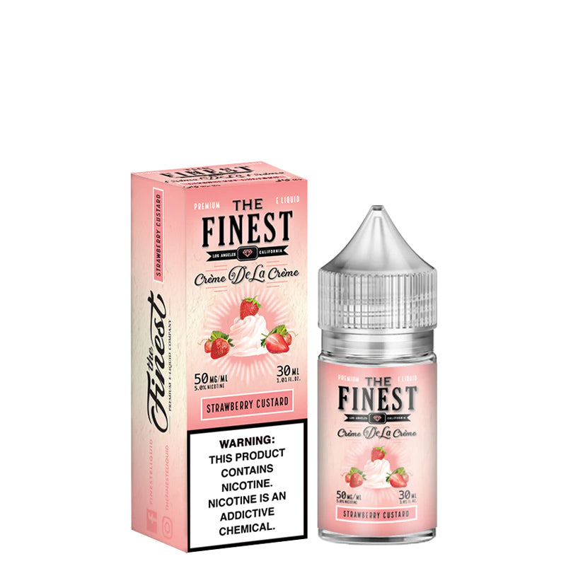 A box of Strawberry Custard Finest SaltNic Series with a warning sign and a 30ml bottle next to it - Vaper Corner