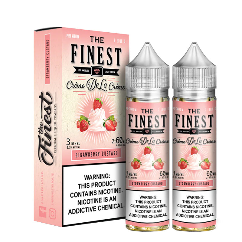 A box of Strawberry Custard Finest eLiquid with a warning sign and two 60ml bottles next to it - Vaper Corner