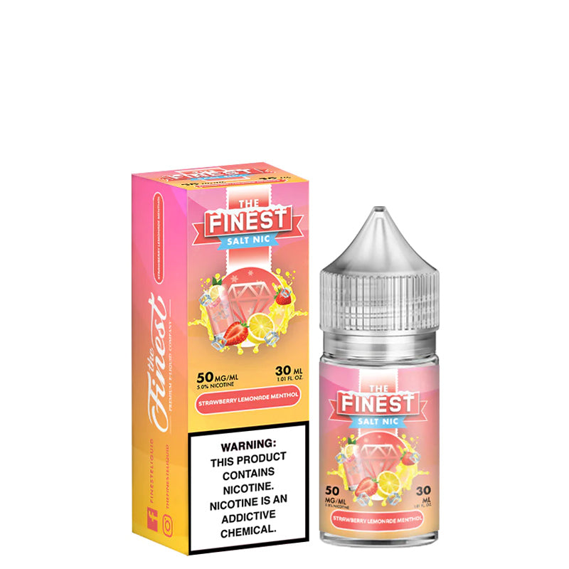 A box of Strawberry Lemonade Menthol Finest SaltNic Series with a warning sign and a 30ml bottle next to it - Vaper Corner