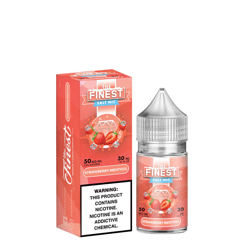 A box of Strawberry Menthol Finest SaltNic Series with a warning sign and a 30ml bottle next to it - Vaper Corner