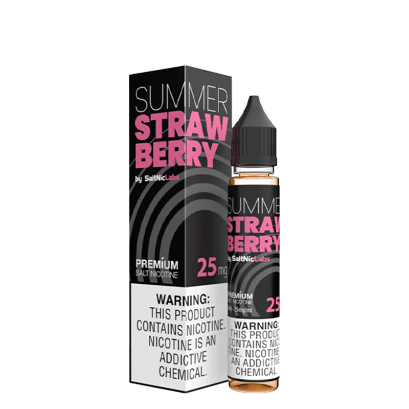 A box of Summer Strawberry VGOD SaltNic with a warning sign and a 30ml bottle next to it - Vaper Corner