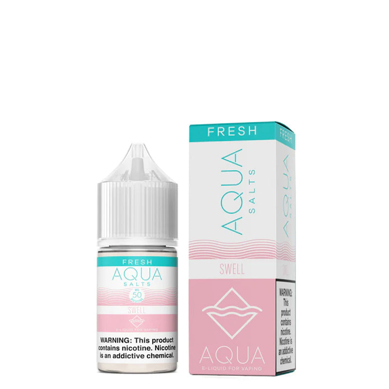 A 30ml bottle of SWELL AQUA Synthetic Salts with a warning sign and a box next to it - Vaper Corner