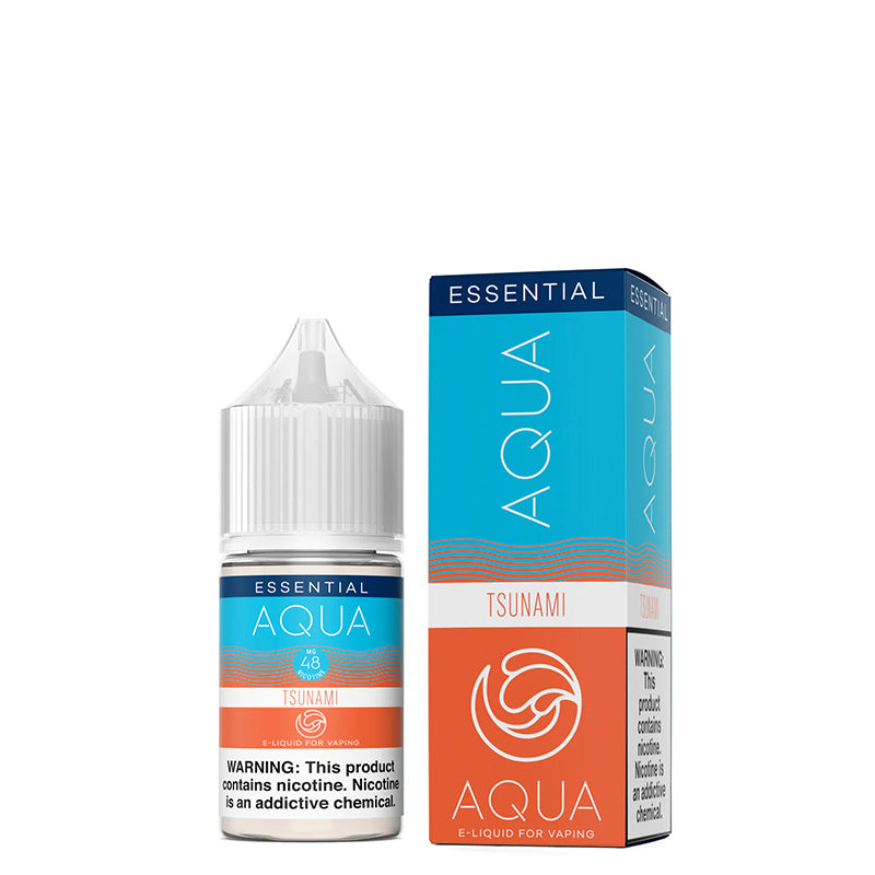 A 30ml bottle of TSUNAMI AQUA Synthetic Salts with a warning sign and a box next to it - Vaper Corner