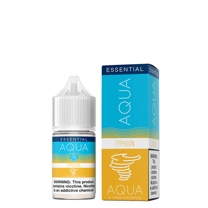 A 30ml bottle of TYPHOON AQUA Synthetic Salts with a warning sign and a box next to it - Vaper Corner