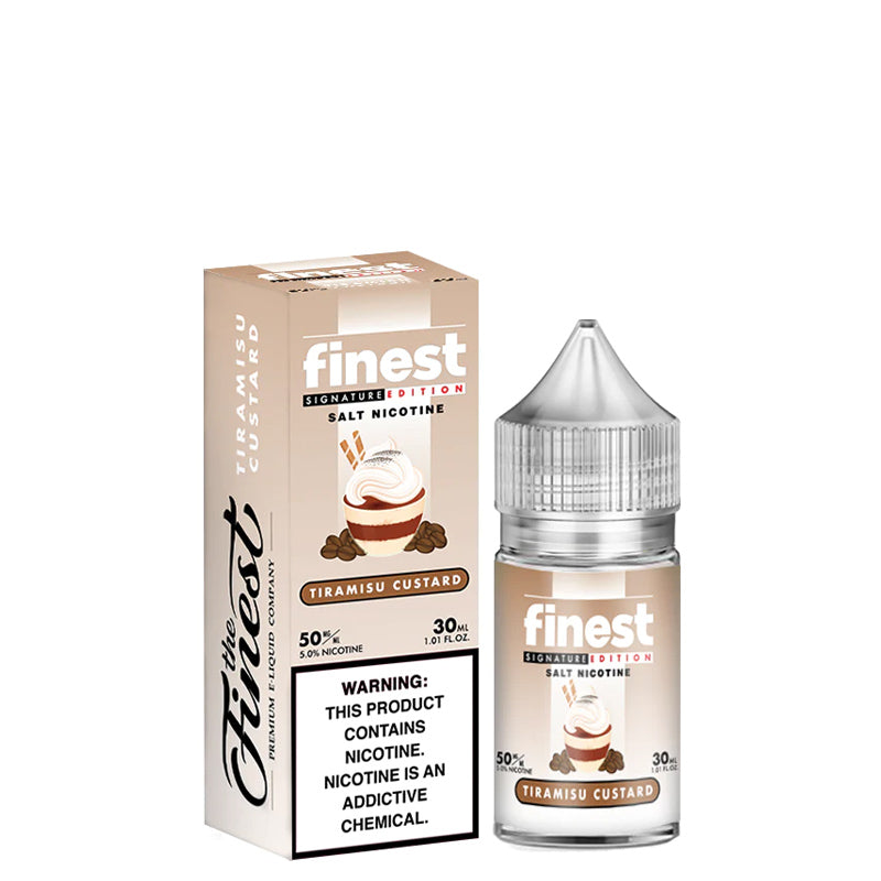 A box of Tiramisu Custard Finest SaltNic Series with a warning sign and a 30ml bottle next to it - Vaper Corner